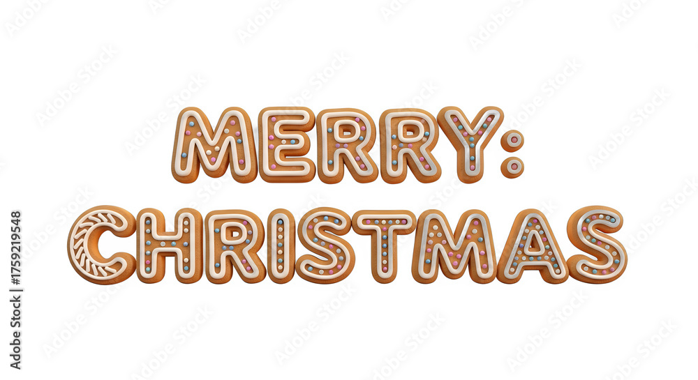 Fototapeta premium Gingerbread Merry Christmas text with icing and sprinkles, isolated