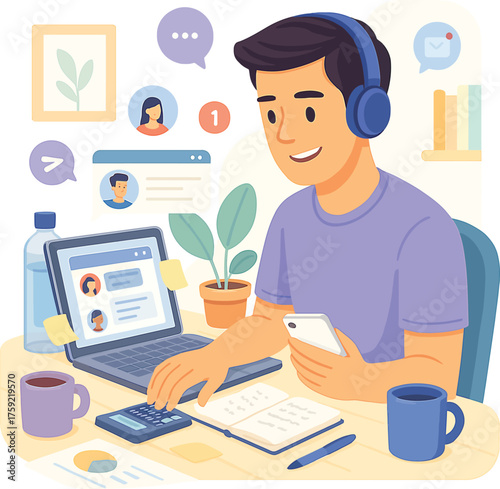 Freelancer managing multiple client chat windows, communicating via laptop and smartphone, illustrating customer service and multitasking while working remotely vector