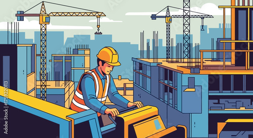 Skilled worker on a busy construction site representing urban development and industry
