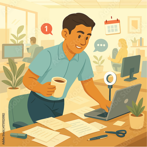 Employee juggling coffee and laptop in busy office, happily engaged in multitasking while managing workload and communications, illustrating productivity vector