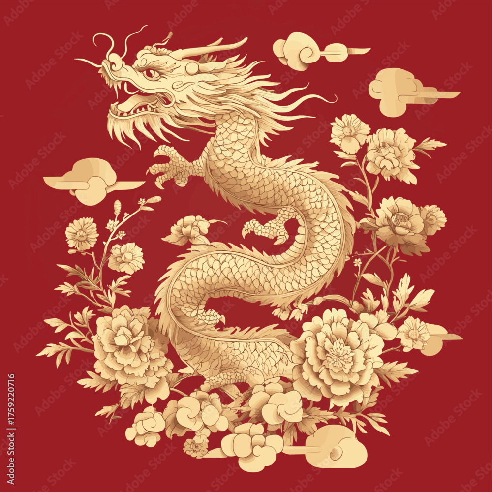 Fototapeta premium Illustration of a golden Chinese dragon with flowers on a red background , vector style simple color