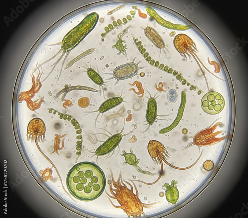 Microscopic life viewed through a lens, a vibrant world of microorganisms and single-celled organisms captured in a circular frame
