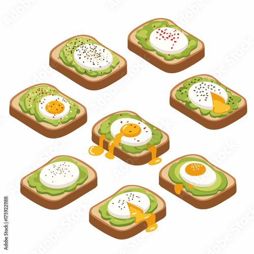 Isometric Delicious Avocado Toast with Egg Healthy Breakfast Food Illustration