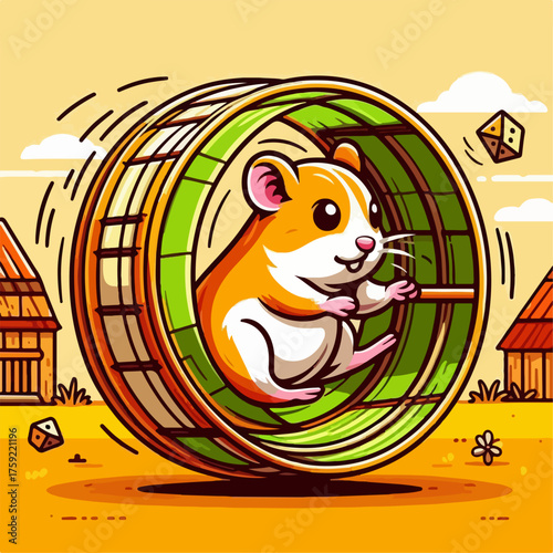 Illustration of a hamster running in a hamster wheel