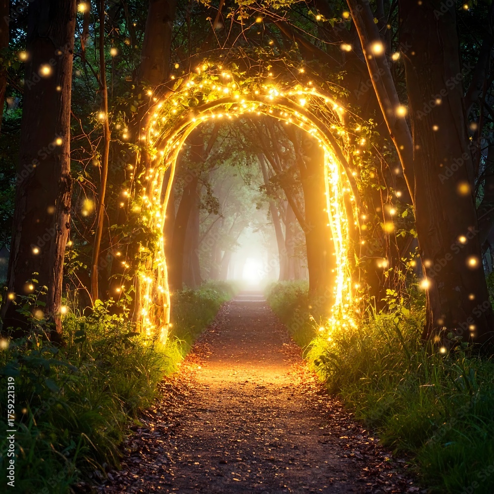 Fototapeta premium A glowing archway leads into a bright forest pathway