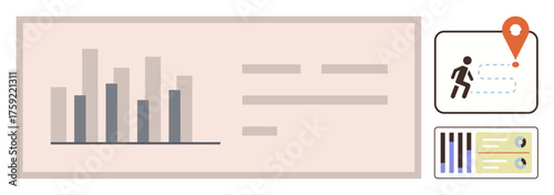 Bar chart, user activity icon, data table with checkboxes. Ideal for analytics, reporting, tracking, metrics, productivity progress monitoring dashboards. Simple flat metaphor