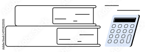 Books stacked next to a calculator, emphasizing calculation, record-keeping, and organization. Ideal for finance, accounting, education, bookkeeping, budgeting data analysis and business planning