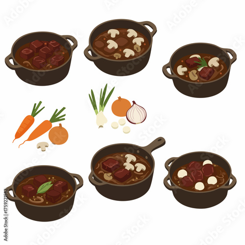 Flat Illustration Delicious Beef Bourguignon in Small Pot French Food