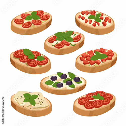 Colorful Flat Illustration Delicious Bruschetta Variety Italian Appetizer Collection