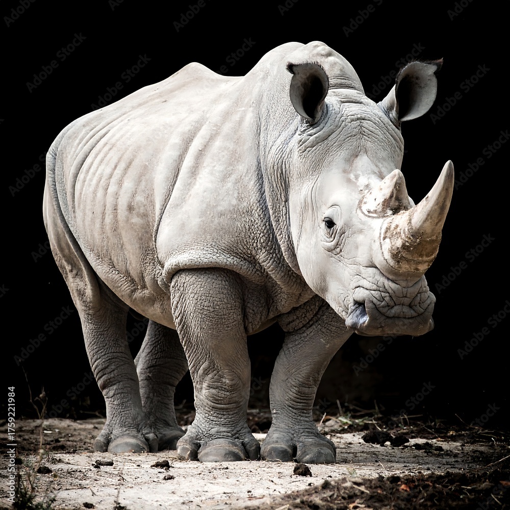 Fototapeta premium A starkly lit, majestic rhinoceros stands proudly. The grey-white animal dominates the frame, showcasing its large horn and textured skin against a black background