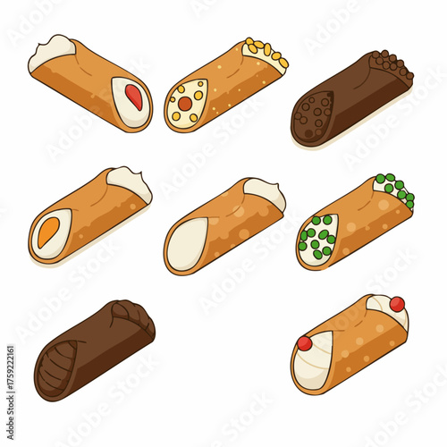 Detailed Isometric Cannoli Pastry Variety Sweet Dessert Italian Food Illustration