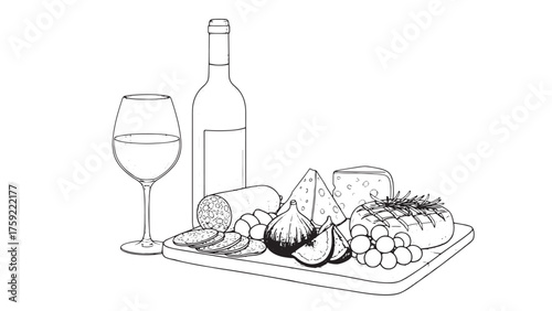 Vintage Wine and Cheese Charcuterie Illustration – Hand-Drawn Italian and French Café Doodle Art with Cocktail, Bottle, Chalk Vector Style, Gourmet Board Design, and Whimsical Winery Picnic Theme