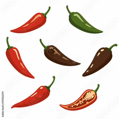 Flat Detailed Spicy Chili Pepper Variation Set Fresh Vegetable Icon