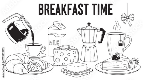 Vintage Breakfast Café Illustration – Hand-Drawn Croissant and Coffee Doodle Art with French and Italian Brunch Vibes, Retro Bakery Poster Design, Latte, Espresso, and Morning Menu Style