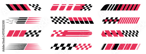 Vector illustration of racing flag decals and speed stripes. Set of checkered graphic elements for car wrap vinyl and motorsport livery design