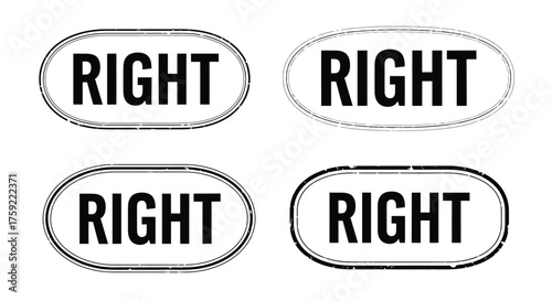 Four black stamp seals displaying the word right in a simple design