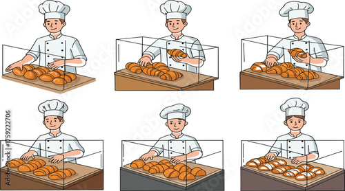 Baker working in bakery, slicing bread, arranging croissants, pastry display case, chef hat, baking scene, food preparation, artisan bread, bakery shop, kitchen