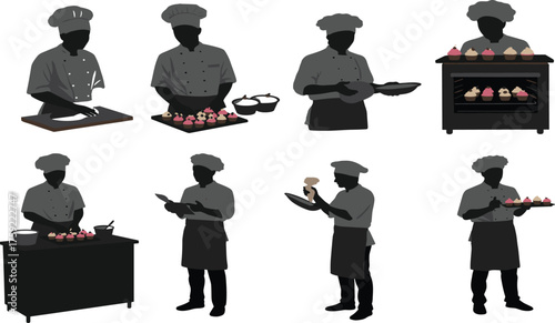 Baking chefs illustration, cupcake preparation, pastry cooking, bakery teamwork, kitchen activity, culinary art, dessert making, professional uniform, oven scene, recipe reading, food presentation