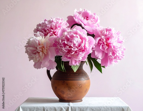 Fototapeta Naklejka Na Ścianę i Meble -  Lush pink peonies bloom in a rustic clay vase on a white table