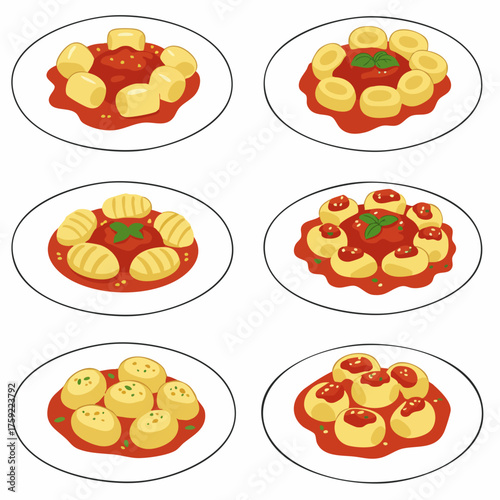 Hand Drawn Food Illustration of Gnocchi with Tomato Sauce on Plate
