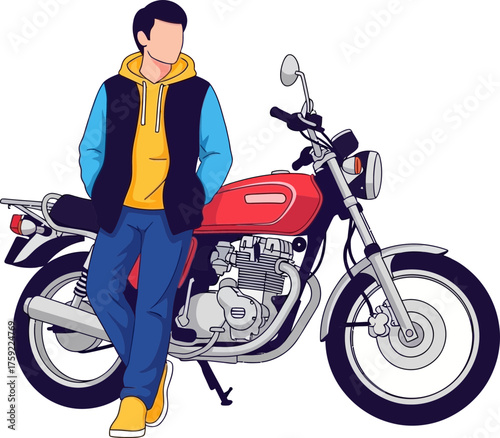 street style icon man with red motorcycle exudes casual confidence