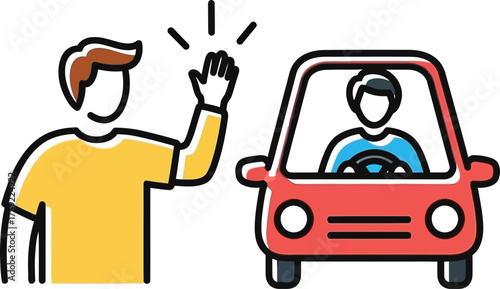 hello on the go driver acknowledges a waving street passerby