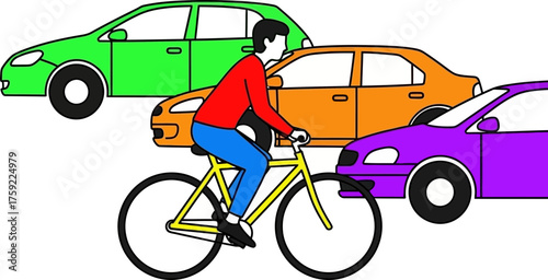 green journey a determined cyclist weaves through vibrant, busy city traffic