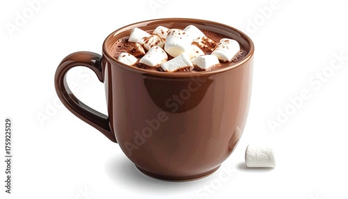 A steaming mug of hot cocoa, topped with marshmallows, sits against a white backdrop. One marshmallow rests nearby
