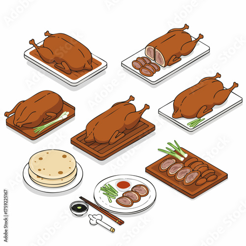 Flat Style Illustration of Peking Duck with Different Serving Styles Food