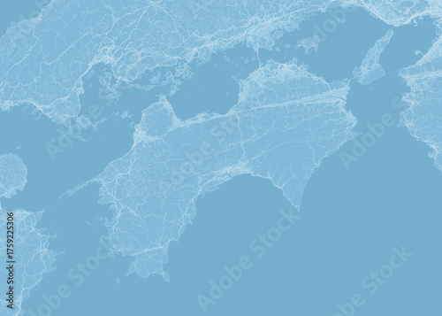 日本の四国地方の水色の衛星写真風イラスト