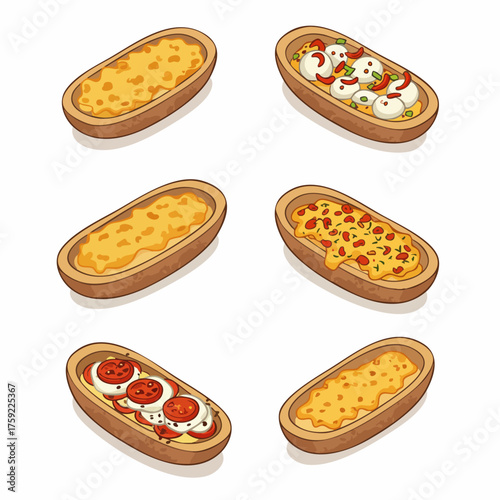Cute Handdrawn Boat Shaped Bread Different Toppings Culinary Food Illustration