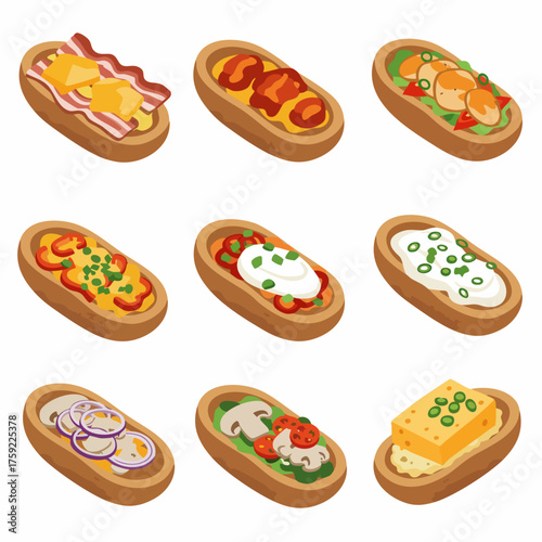 Isometric Delicious Bruschetta Topping Collection Illustration of Traditional Italian Appetizer
