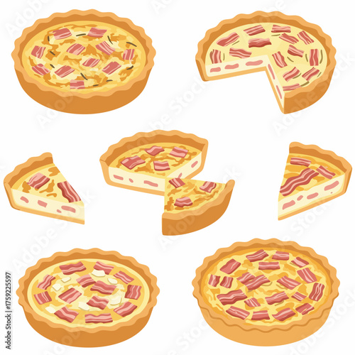 Flat Delicious Bacon and Cheese Quiche Set Illustration Cuisine