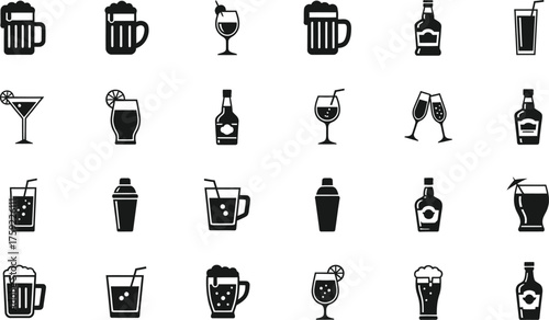 Collection of various alcoholic and non alcoholic beverage icons including beer mugs cocktails wine bottles and glasses isolated on transparent background
