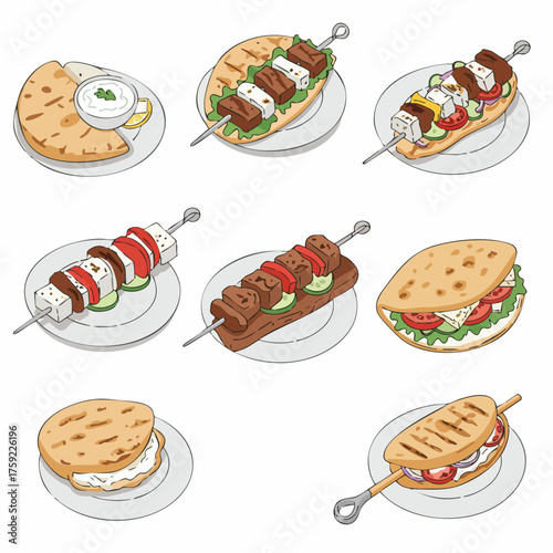Handdrawn Sketch Delicious Souvlaki and Pita Bread Variety Food Illustration