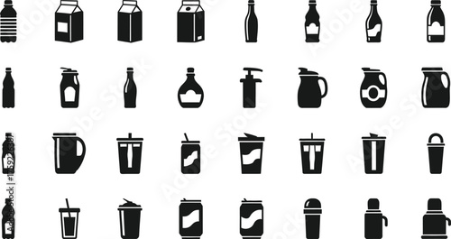 Collection of various beverage containers and bottles in silhouette isolated on transparent background