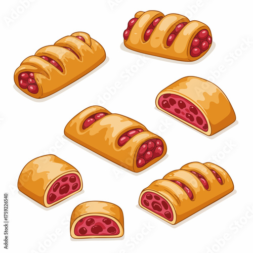 Isometric Detailed Cherry Strudel Pastry Sweet Food Delicious Bakery Items