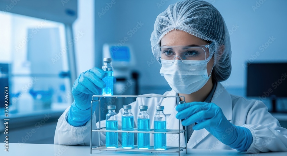 Fototapeta premium Female scientist in a sterile laboratory examining vials with blue liquid for medical research