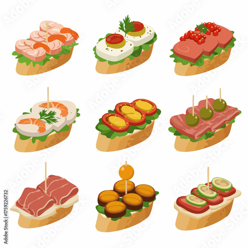 Colorful Flat Illustration of Delicious Spanish Tapas Bread Snack Collection