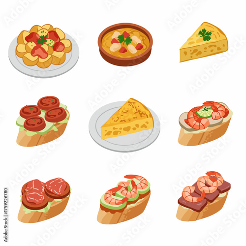 Flat Lay Colorful Delicious Tapas Food Illustration Set for Menu Design
