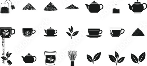 Collection of hand drawn black tea related icons including teapots cups tea bags and leaves isolated on transparent background