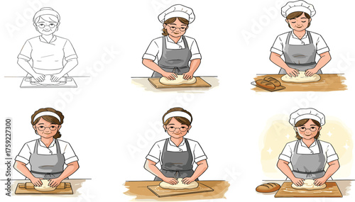 Chef kneading dough, baking process illustration, cooking stages, culinary art, kitchen activity, food preparation, character design, vector set, digital artwork, progression