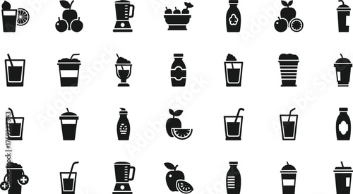 Collection of various beverage icons including smoothies juices coffee and blenders isolated on transparent background