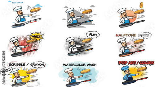 Chef flipping pancake, cartoon illustration, nine styles, flat color, halftone, scribble, watercolor, pop art, comic motion, cooking, breakfast, frying pan, kitchen scene, culinary action, food icon,