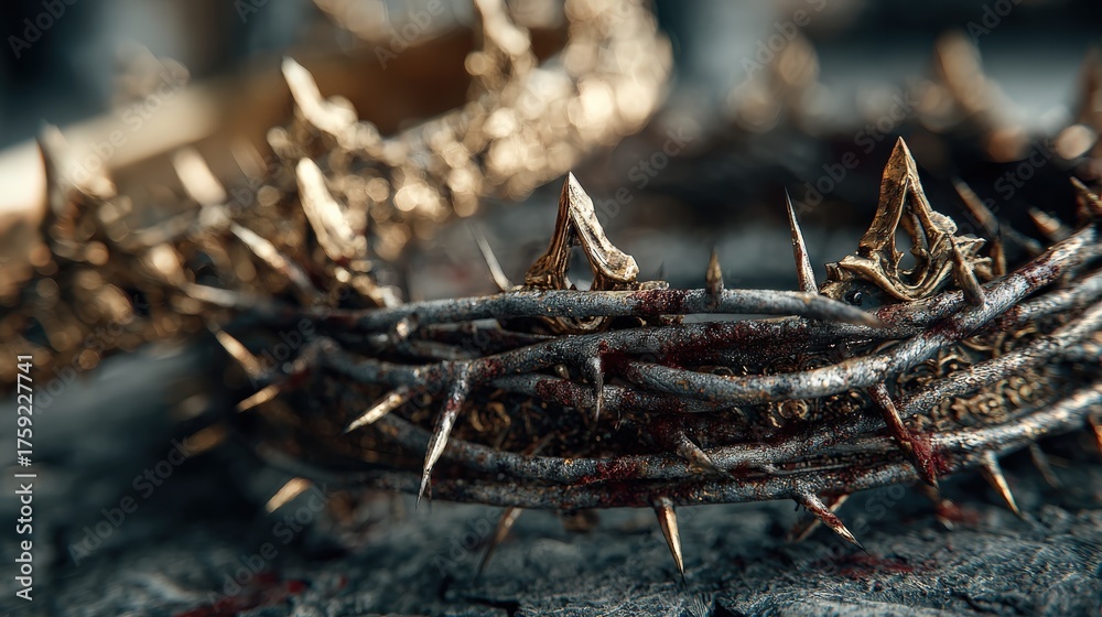 Fototapeta premium A chillingly detailed shot captures a crown of thorns, a symbol of suffering. The intricate craftsmanship. ..Created with Generative AI, not depicting real subjects.