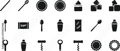 Collection of bar tools and cocktail ingredients icons isolated on transparent background