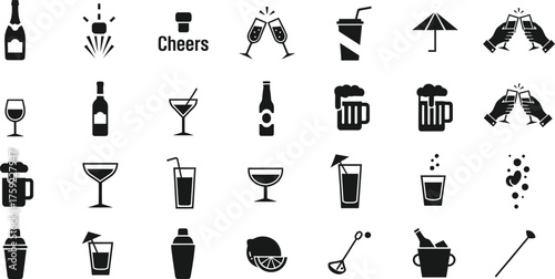 Collection of black beverage and celebration icons including drinks bottles and cheers symbols isolated on transparent background