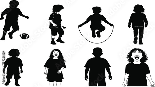 Children silhouette, kids playing, outdoor activity, childhood joy, jumping rope, football fun, expressive poses, stock illustration, editable