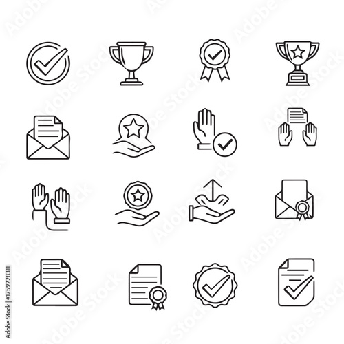 Collection of hand drawn outline icons representing success achievement quality and approval