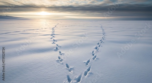 Footprints in the snow diverge into two paths under a dramatic sky at sunrise.